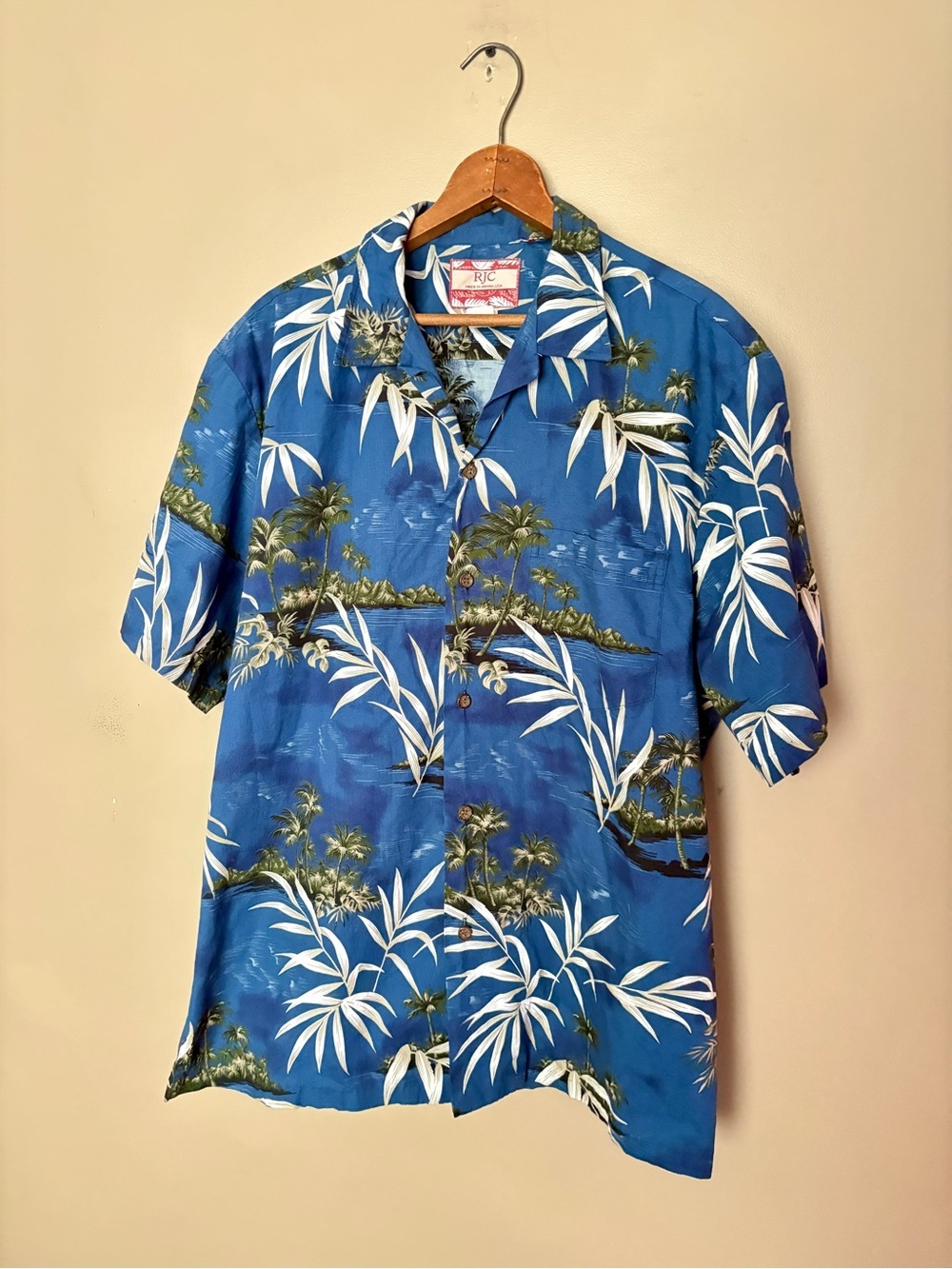 vintage RJC blue Hawaiian Aloha button down shirt tropical palm leaves XL EUC - Picture 2 of 14